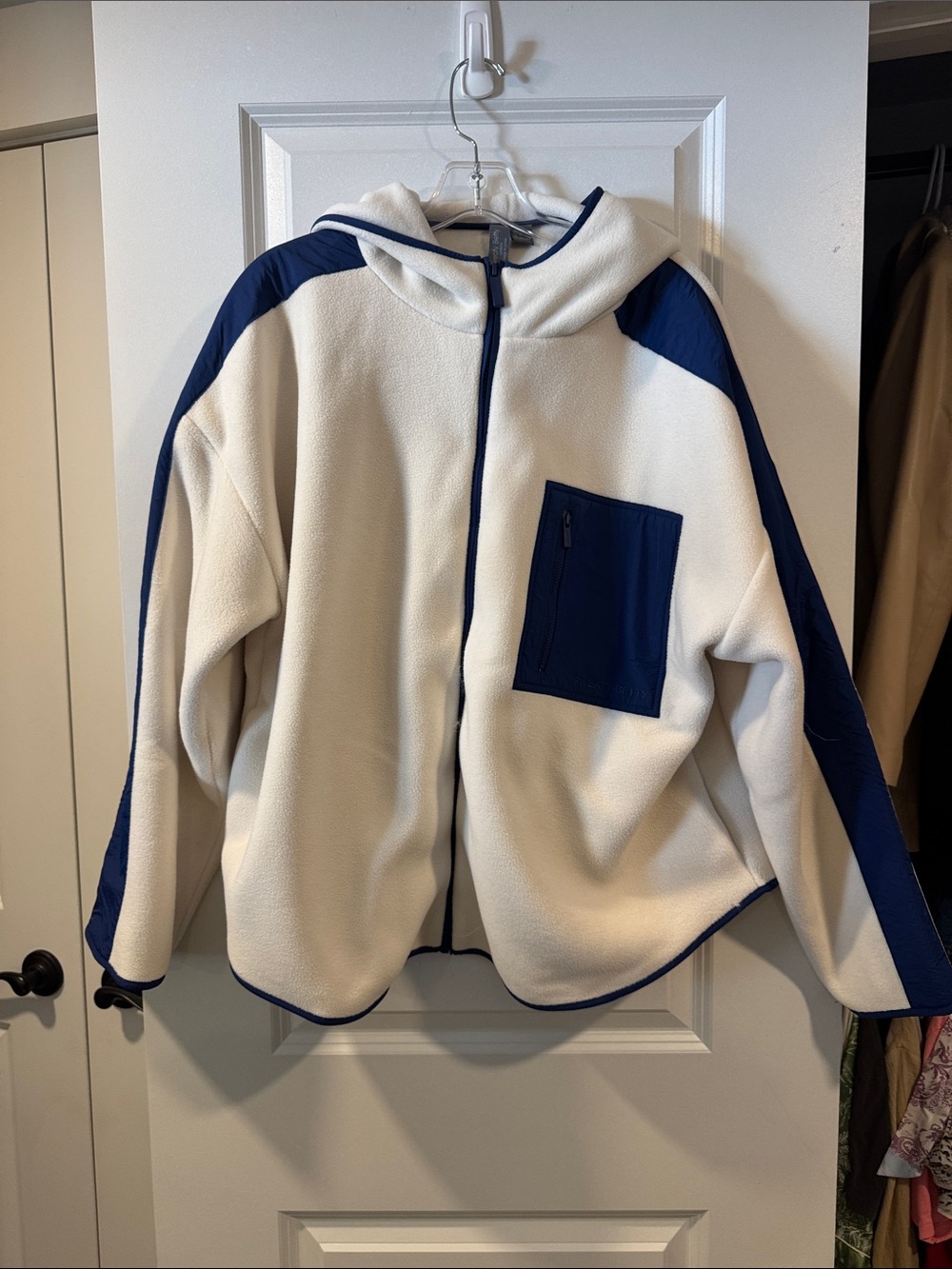 Sweaty Betty White Fleece Jacket with Navy Trim